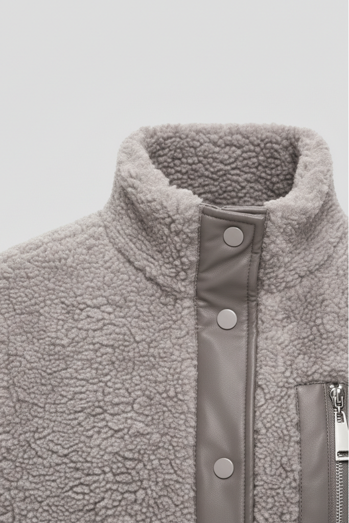 Close-up of a gray fleece jacket with buttons and a zipper on a light gray background