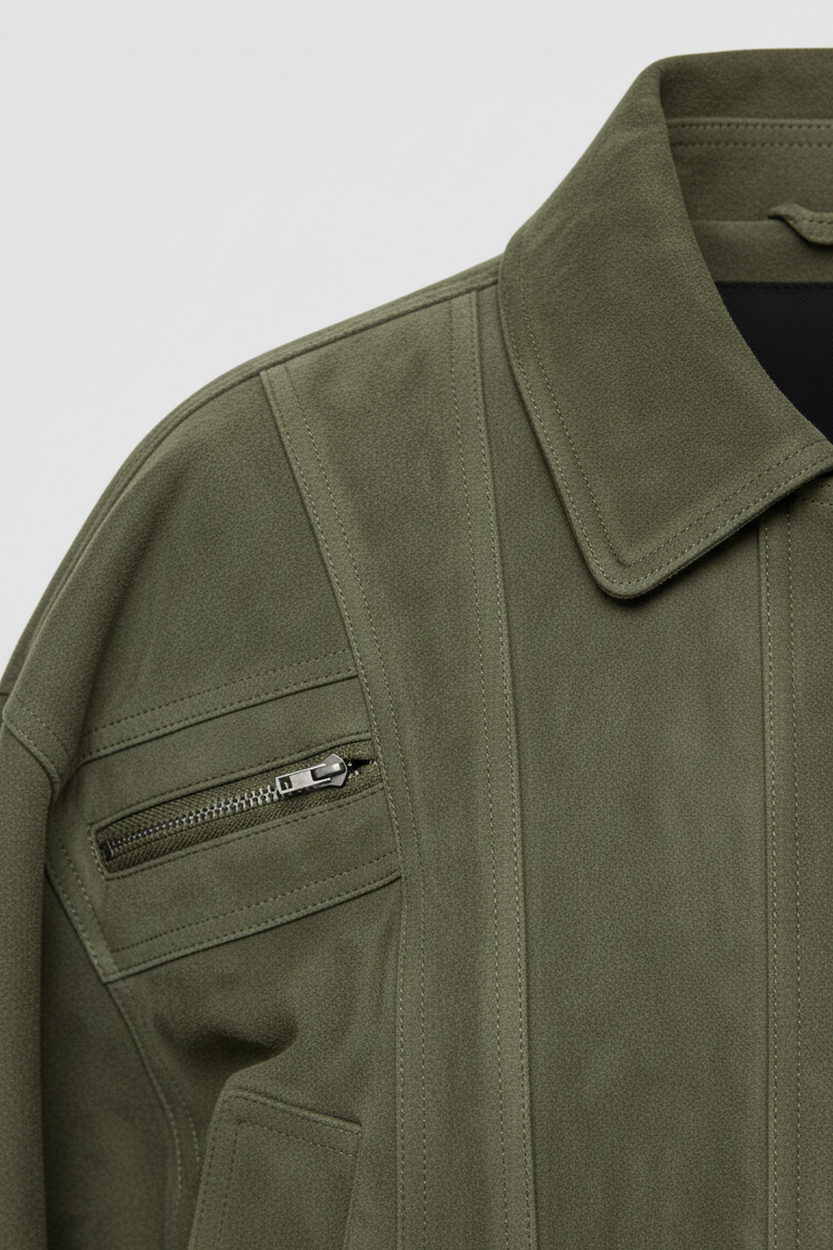 Close-up of a green jacket with a zipper pocket on a light gray background