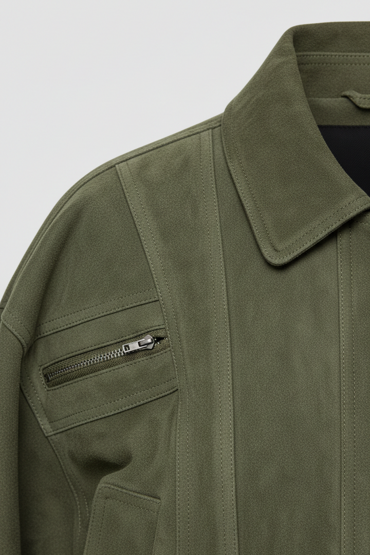 Close-up of a green jacket with a zipper pocket on a light gray background
