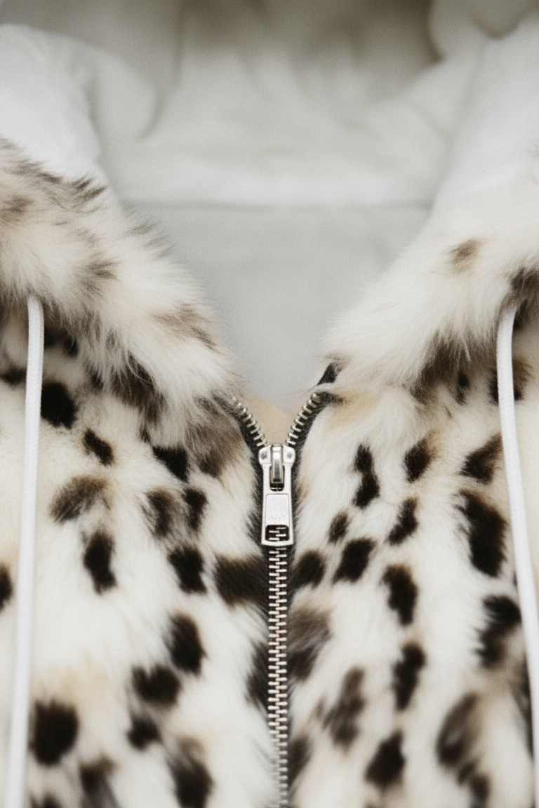 Close-up of a leopard print fur coat with a zipper.