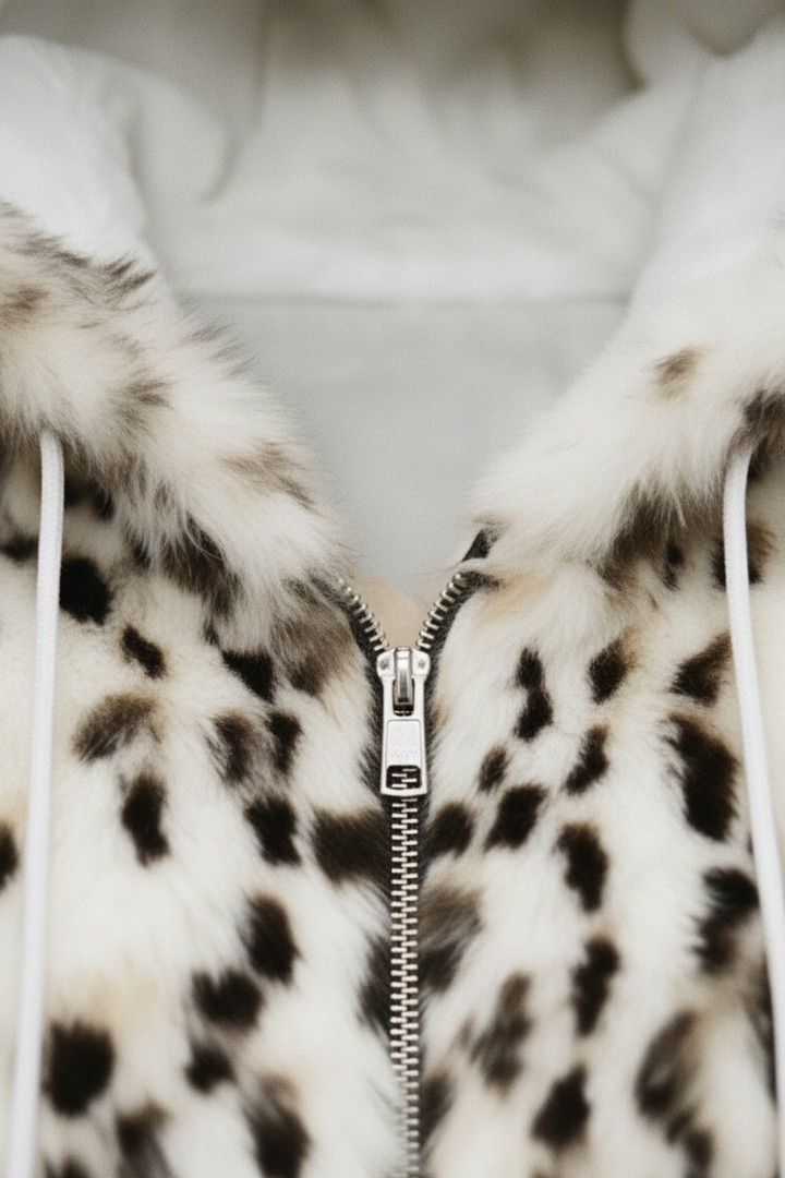 Close-up of a leopard print fur coat with a zipper.