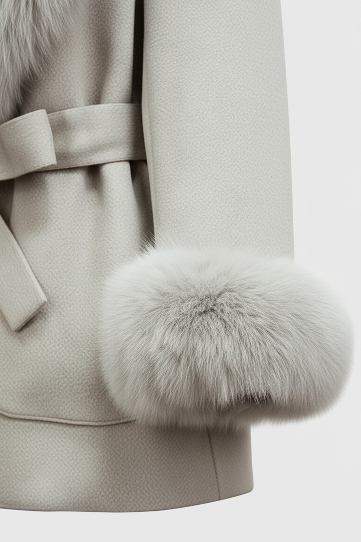 Close-up of a light gray coat with fur cuffs on a white background