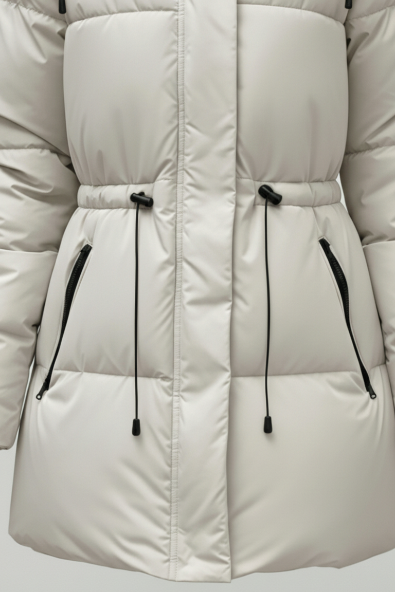 Close-up of a light gray puffer jacket with black zippers on a light gray background