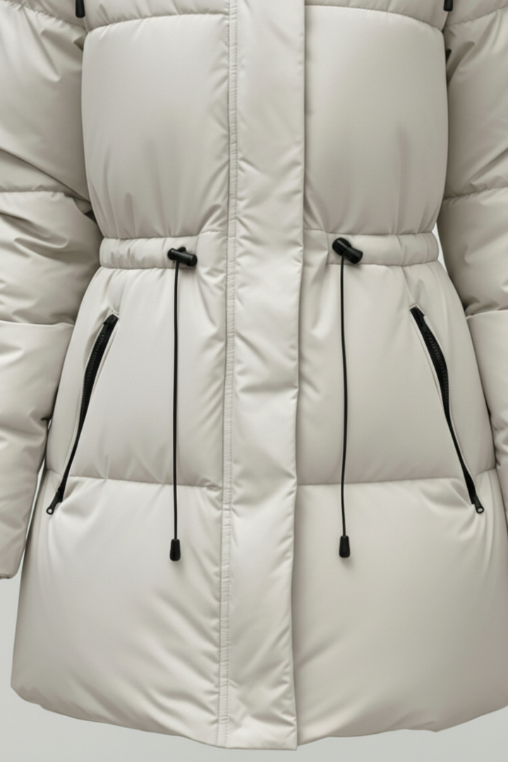 Close-up of a light gray puffer jacket with black zippers on a light gray background