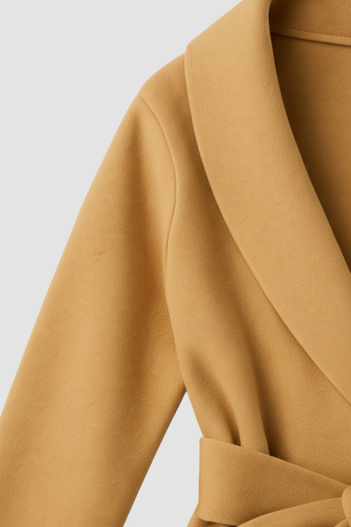 Close-up of a mustard yellow coat on a light gray background