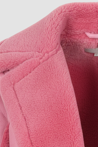 Close-up of a pink fleece garment with a brand tag.