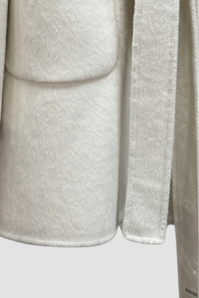 Close-up of a textured beige fabric on a light gray background