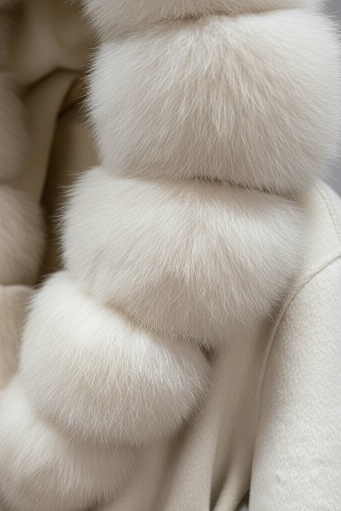 Close-up of a white fur coat with a gray background