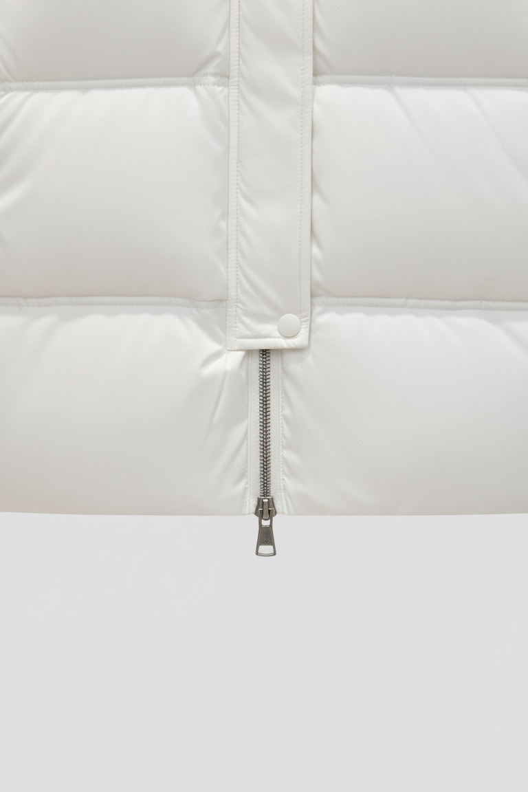 Close-up of a white quilted jacket with a zipper on a light gray background