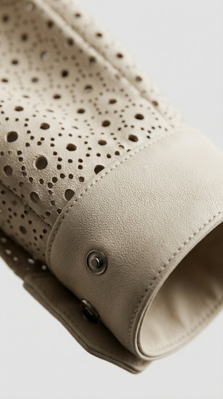 Close-up of beige leather sleeve with perforated design on a light gray background