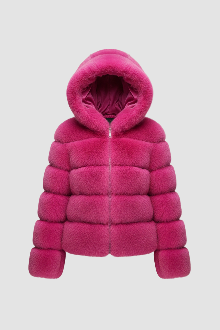 Close-up of the FERALYN jacket’s faux fur hood and plush detailing.