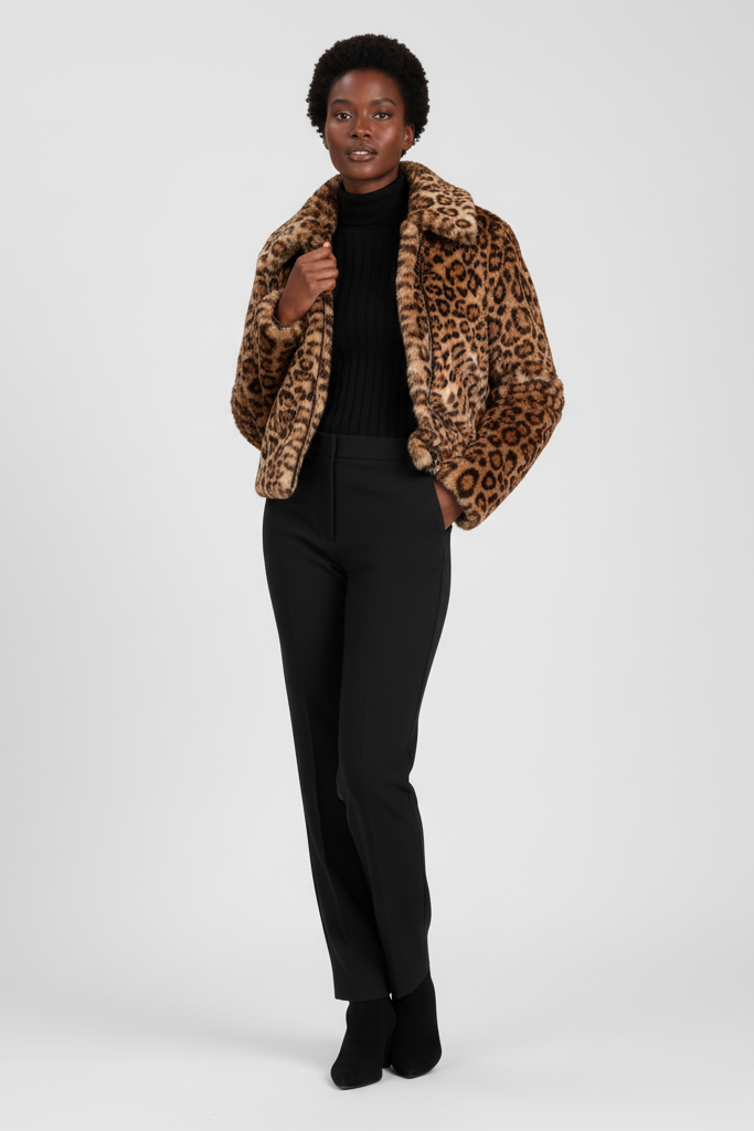 Close-up of the LEOVARA coat’s leopard print and soft faux fur finish.