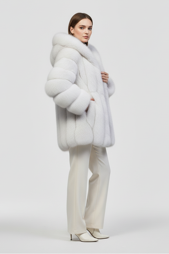 Close-up of the MYRALYN faux fur coat hood and soft faux fur details.