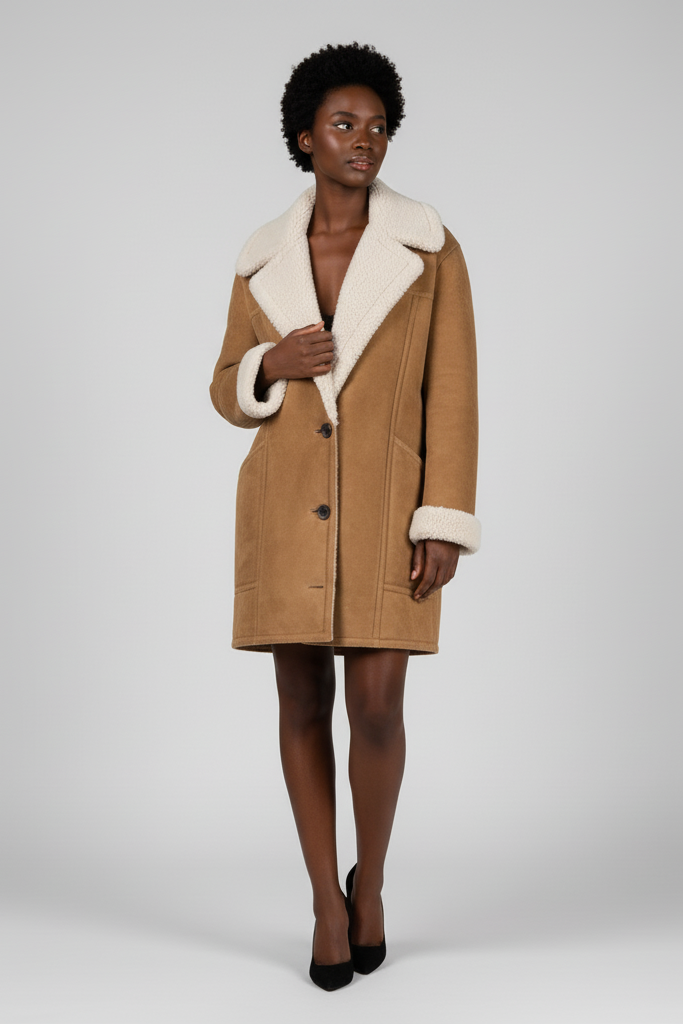 Close-up of the NELVIA coat’s woolen knit fabric and single-breasted button details.