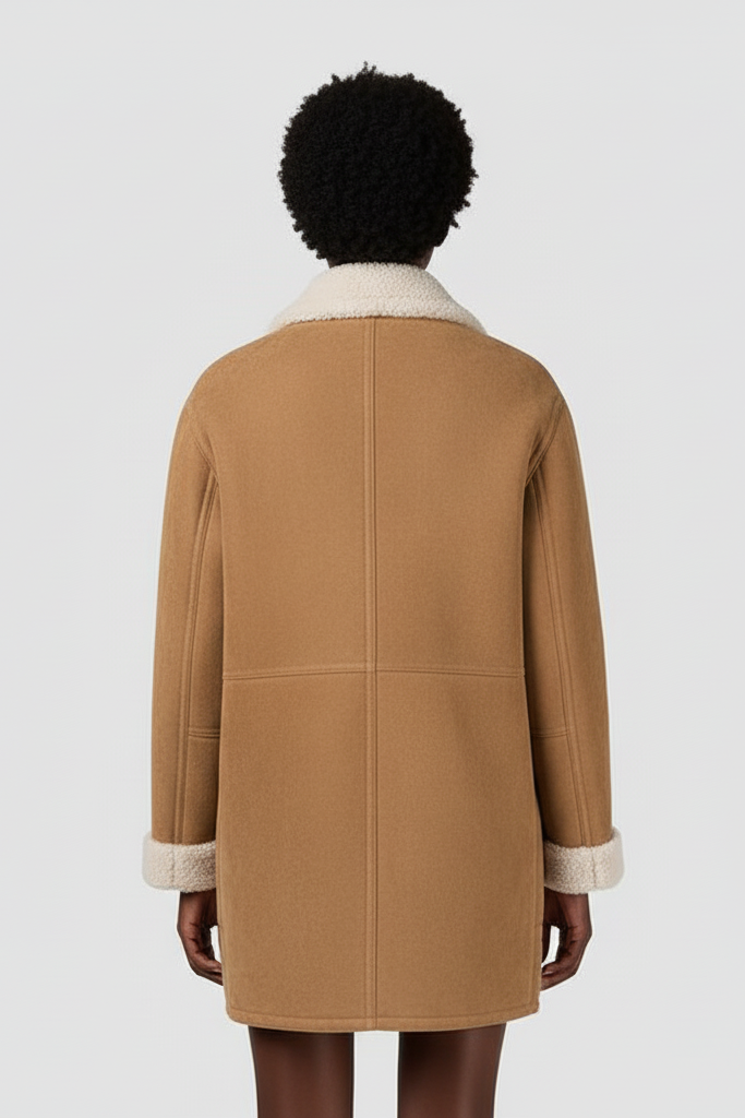 Close-up of the NELVIA coat’s woolen knit fabric and single-breasted button details.