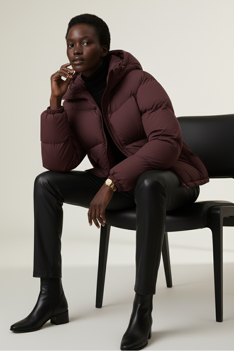 Close-up portrait of model in LYORE Down Jacket showing matte texture, zip front, and hood detail.