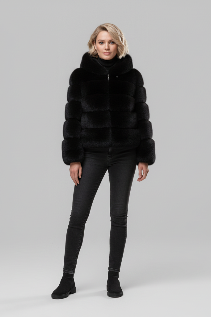 Close-up view of the LIREN faux fur jacket showing soft texture.