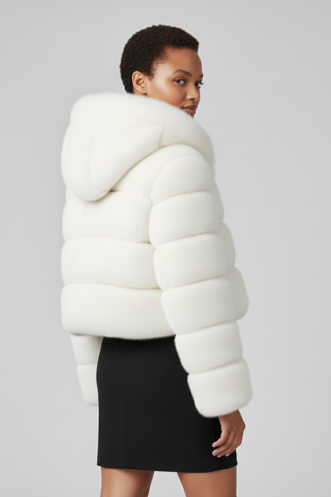 Close view of the model showcasing the soft texture of the VELMIRA faux fur jacket.