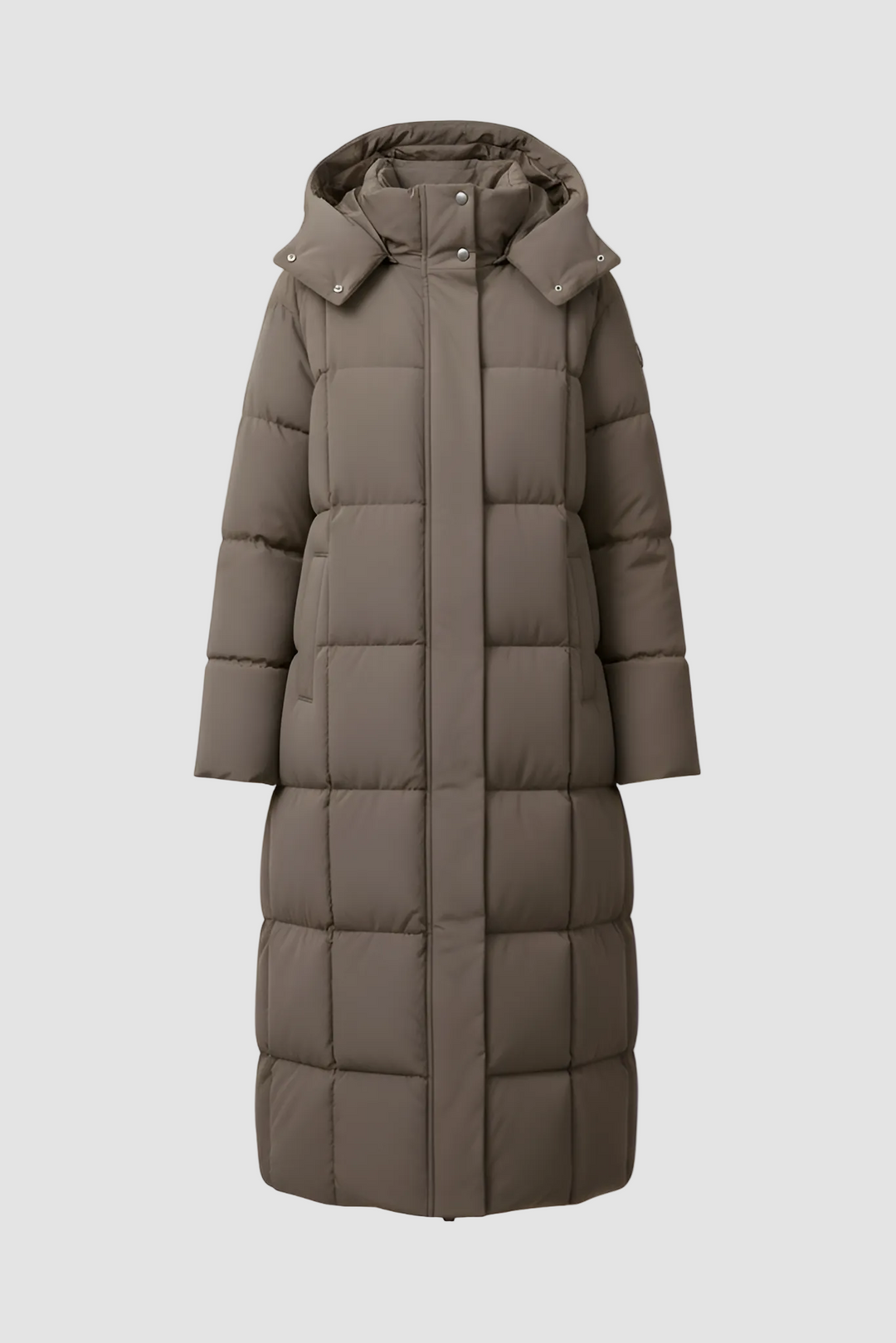 Coffee Grey puffer coat with a hood on a white background