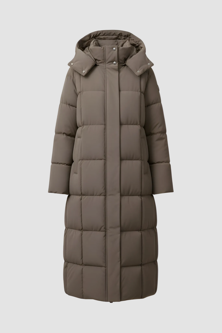 Coffee Grey puffer coat with a hood on a white background