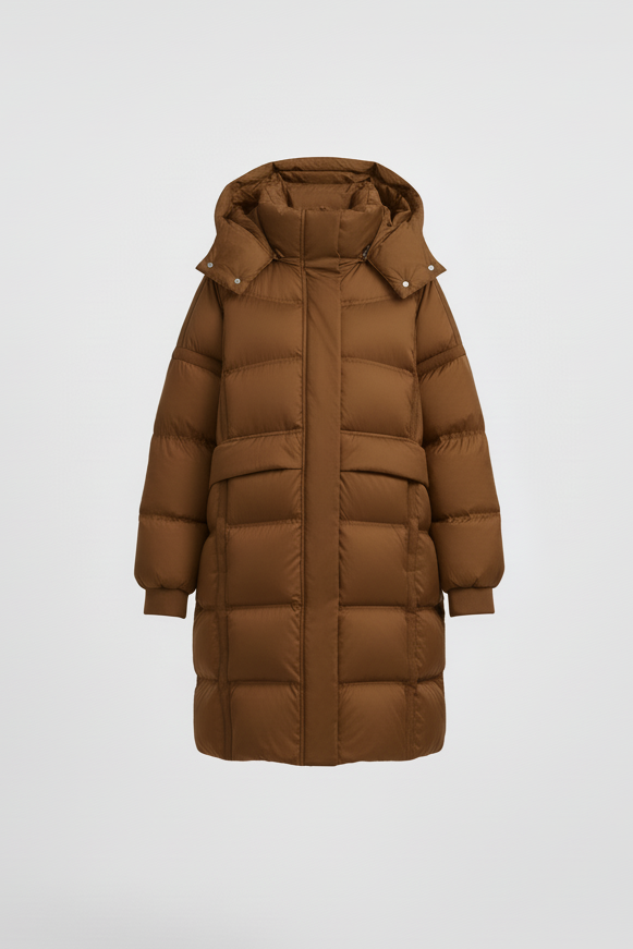 Coffee puffer coat jacket on a white background