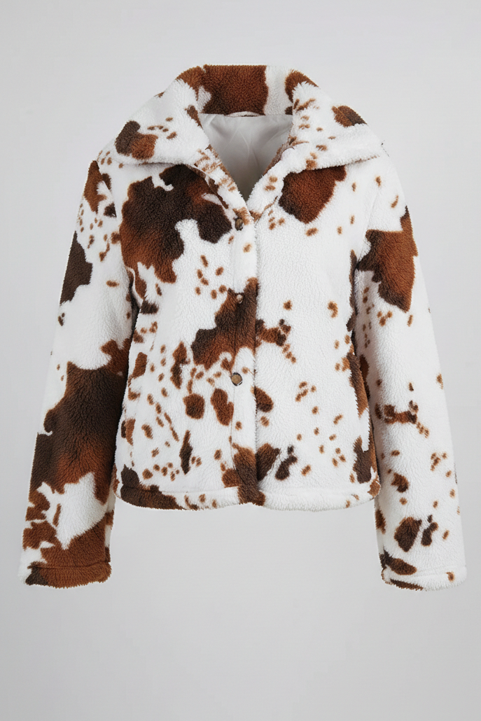 Cow print jacket on a light gray background