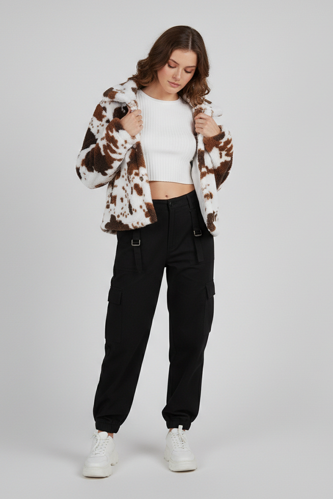 Woman wearing a cow print jacket, white top, black pants, and white sneakers on a gray background