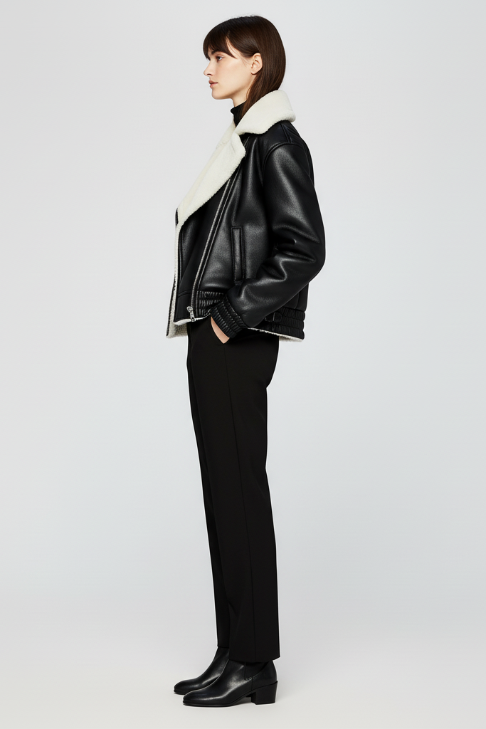 Cropped motorcycle style jacket in black faux leather with large lapel and refined stitching