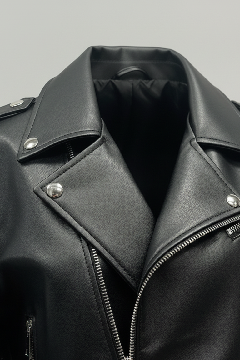 DAKOTA - Black cropped motorcycle jacket, detailed front closure
