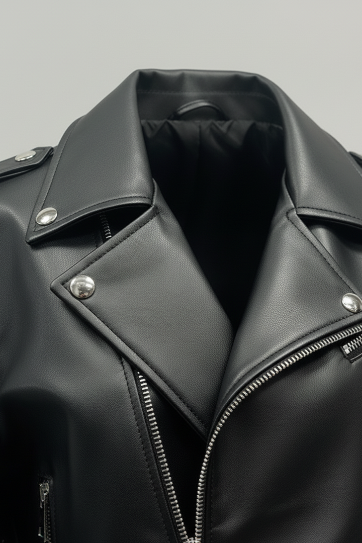 DAKOTA - Black cropped motorcycle jacket, detailed front closure