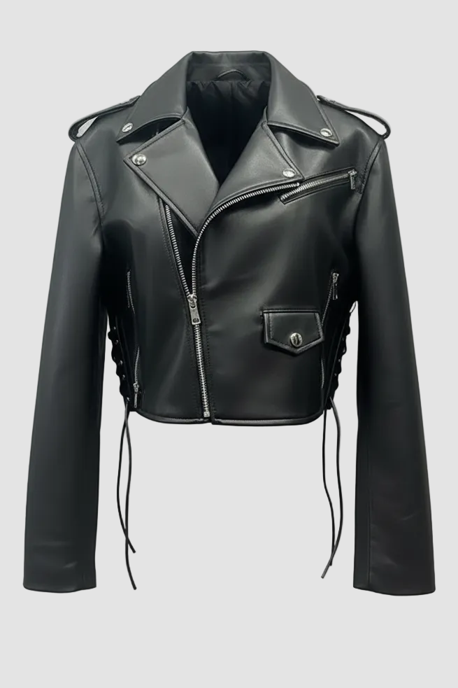 DAKOTA - Black cropped motorcycle jacket, full product shot