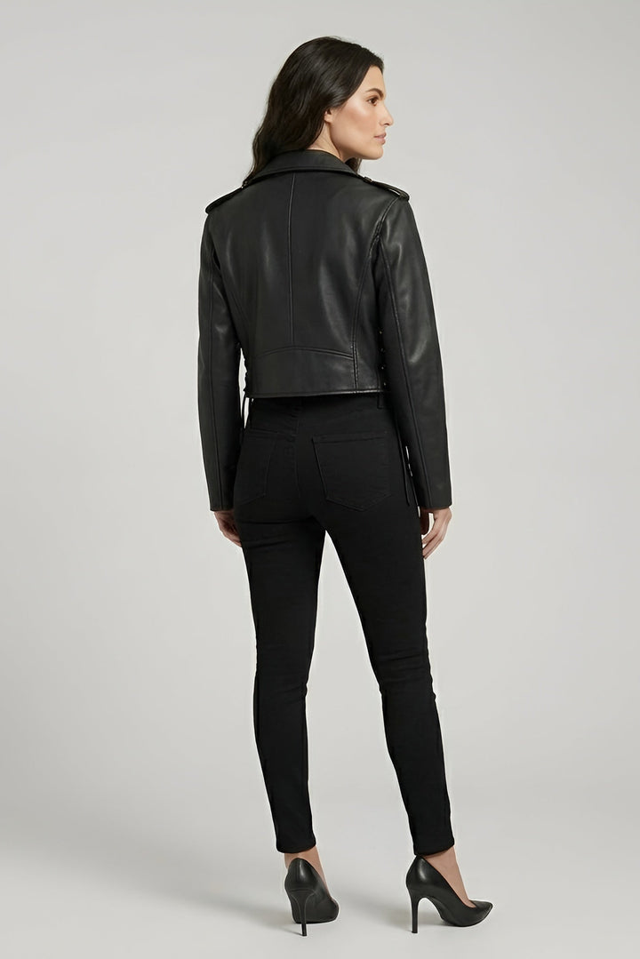 DAKOTA - Cropped Motorcycle Jacket, Black Leather, Back View