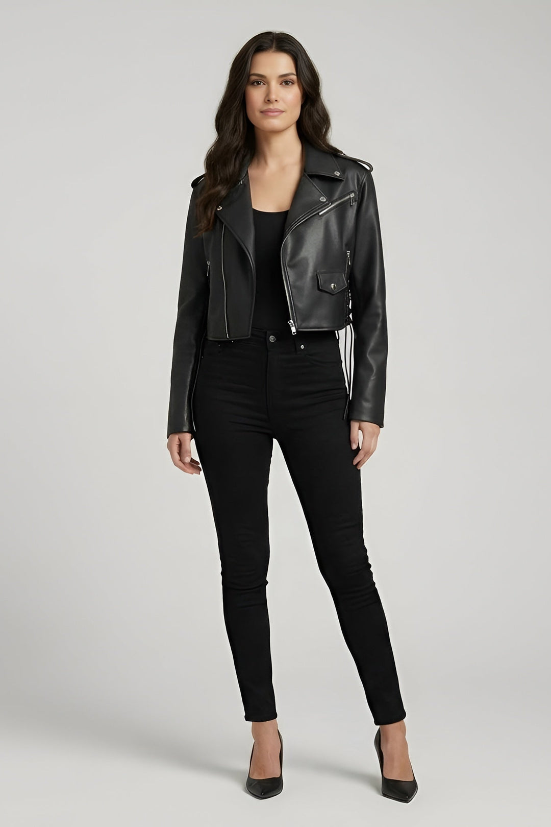 DAKOTA - Cropped Motorcycle Jacket, Black Leather, Front View