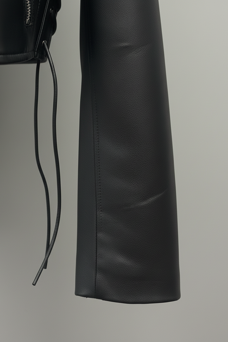 DAKOTA - Cropped Motorcycle Jacket, Black Leather, Sleeve Detail
