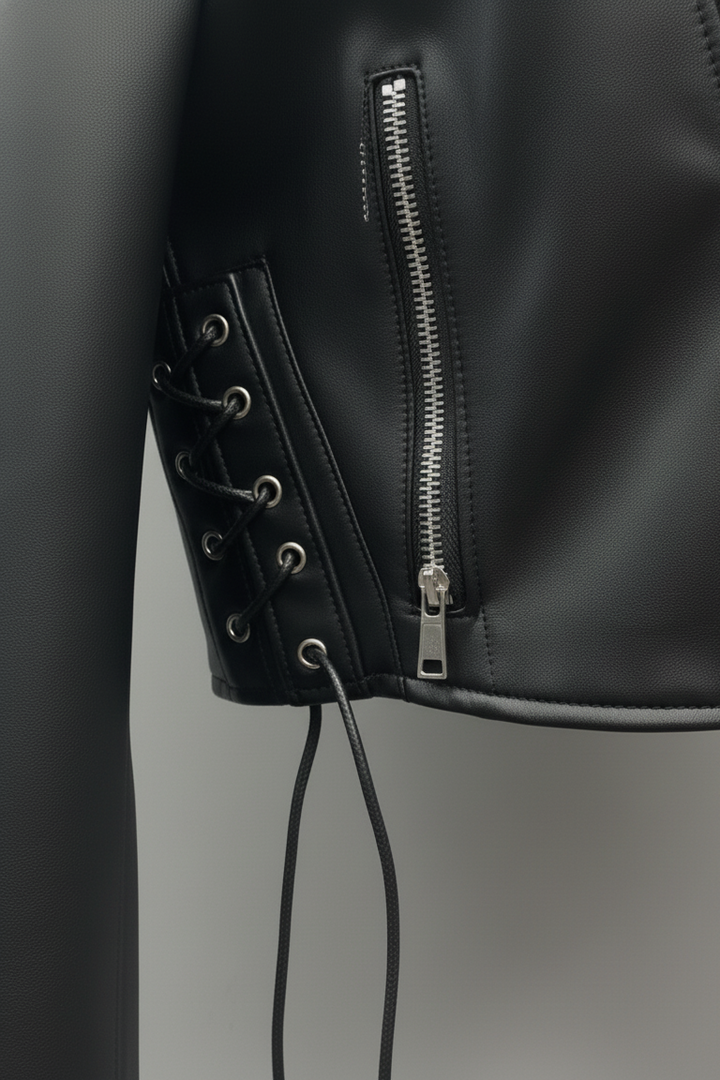 DAKOTA - Cropped moto jacket, angled view showing lace details
