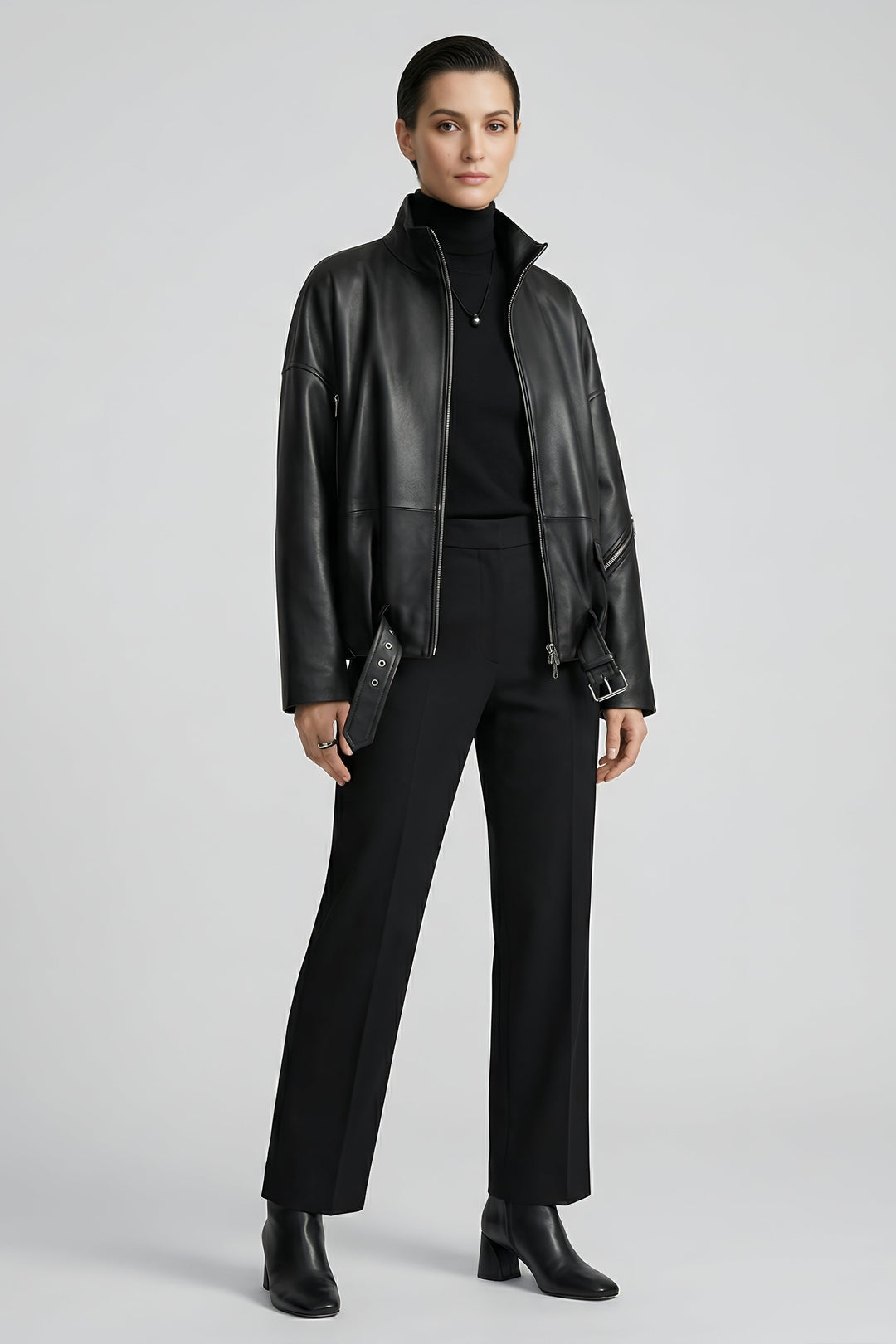 DELILAH - Black leather jacket, front view, model shot