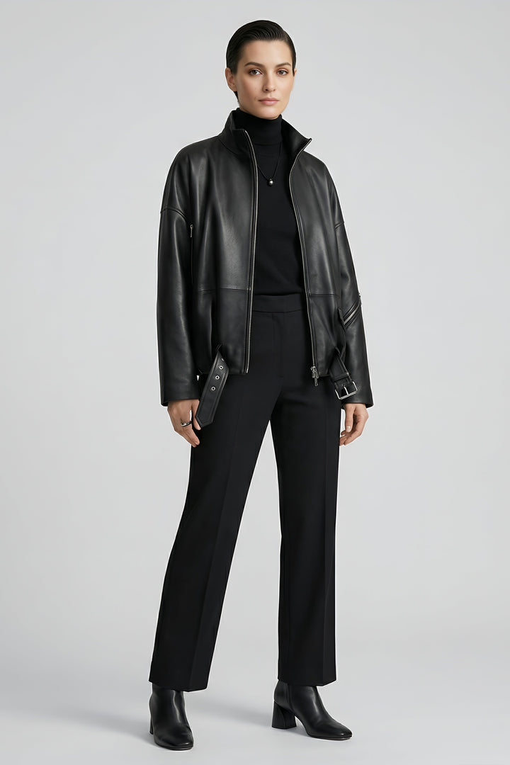 DELILAH - Black leather jacket, front view, model shot