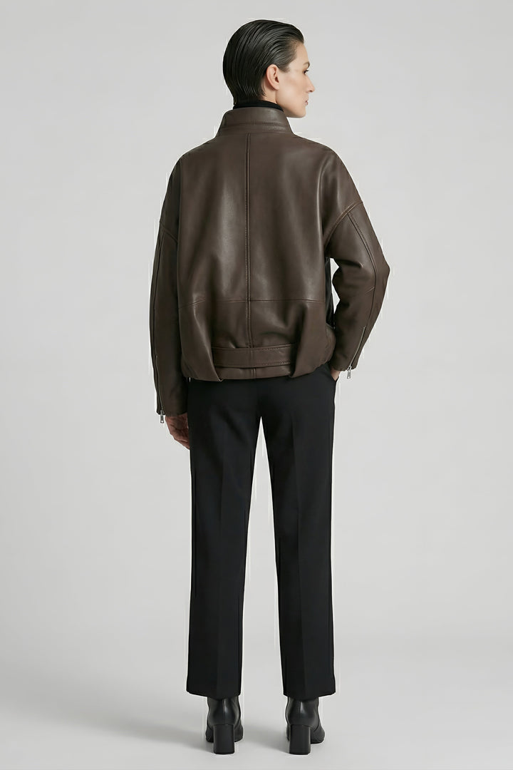 DELILAH - Brown leather jacket, back view, model shot