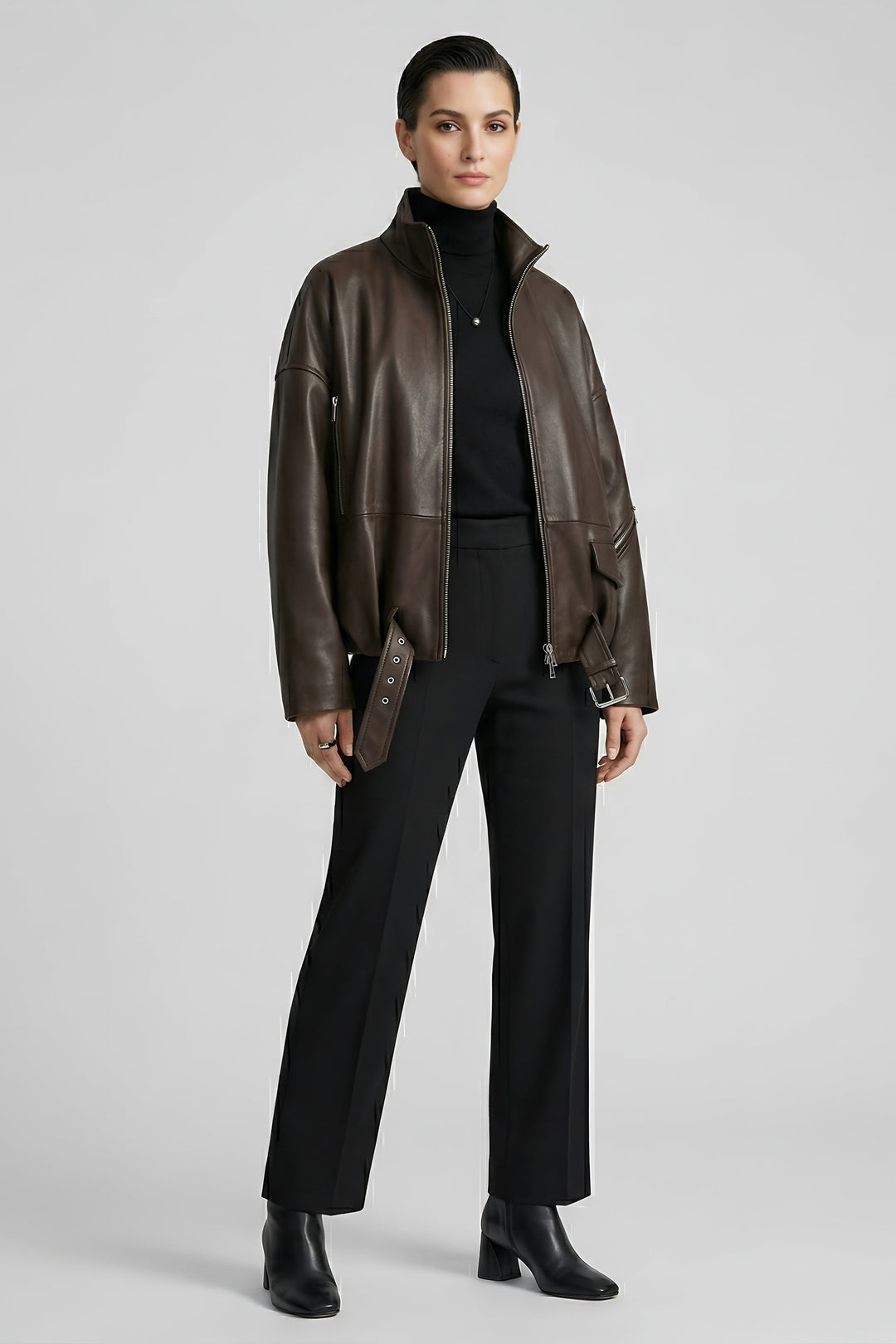DELILAH - Brown leather jacket, front view, model shot