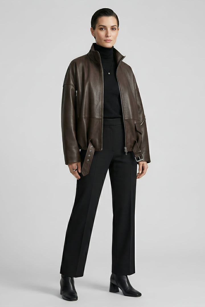 DELILAH - Brown leather jacket, front view, model shot