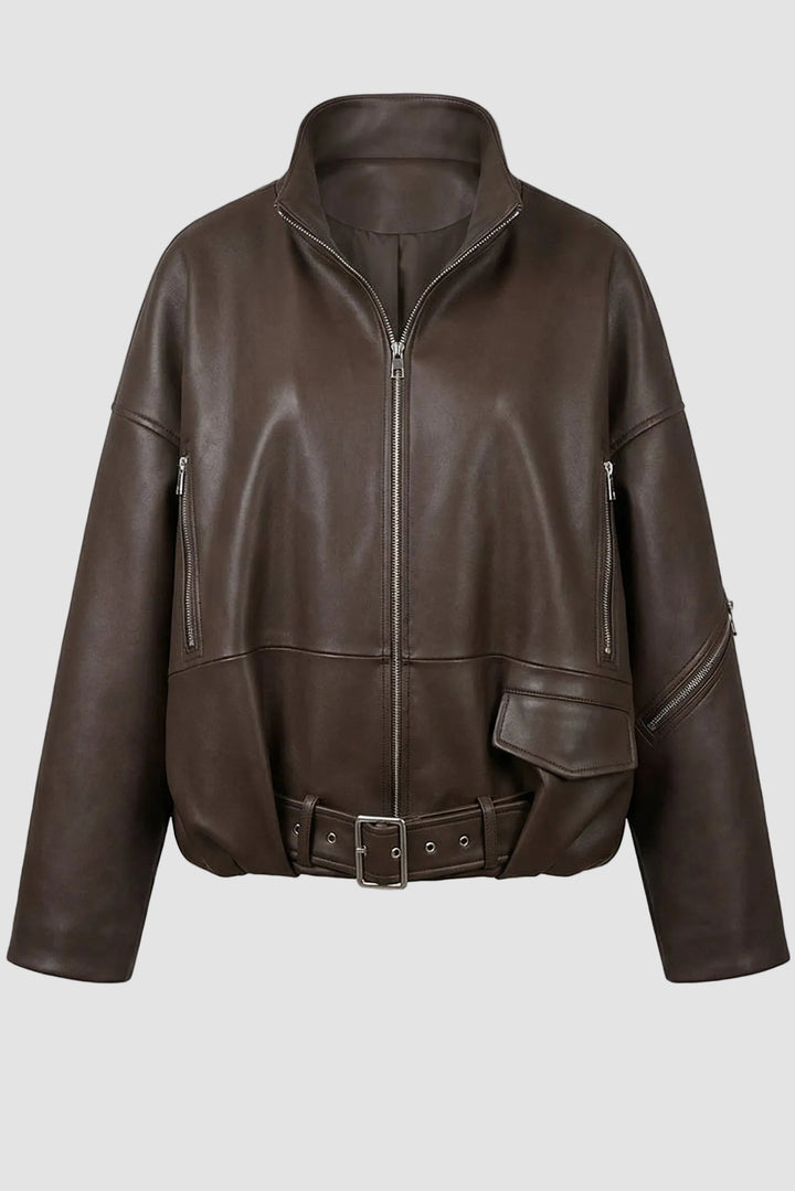 DELILAH - Brown leather jacket, full shot