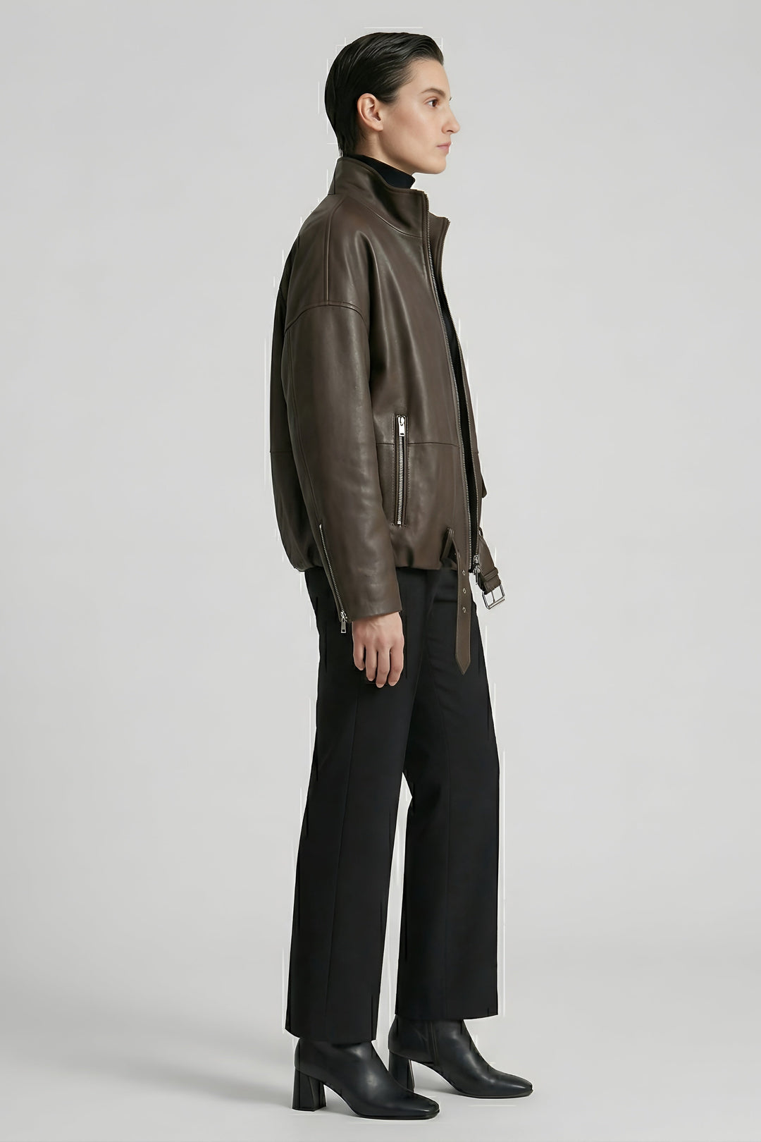 DELILAH - Brown leather jacket, side profile, model shot