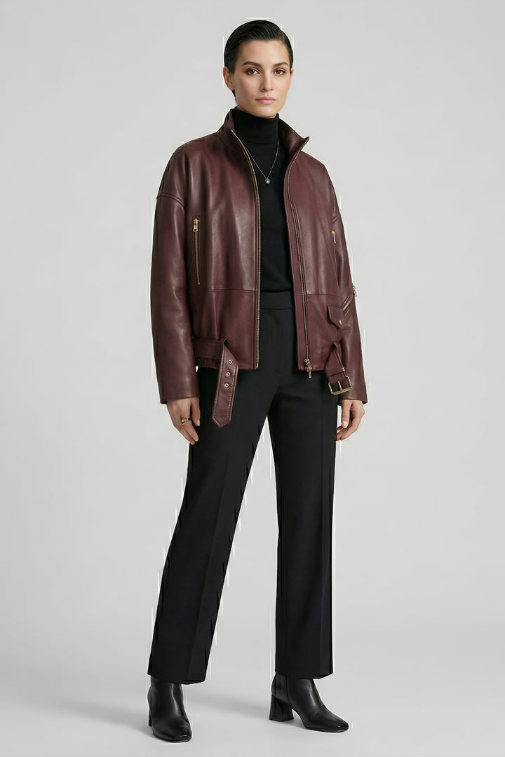 DELILAH - Burgundy leather jacket, front view, full length