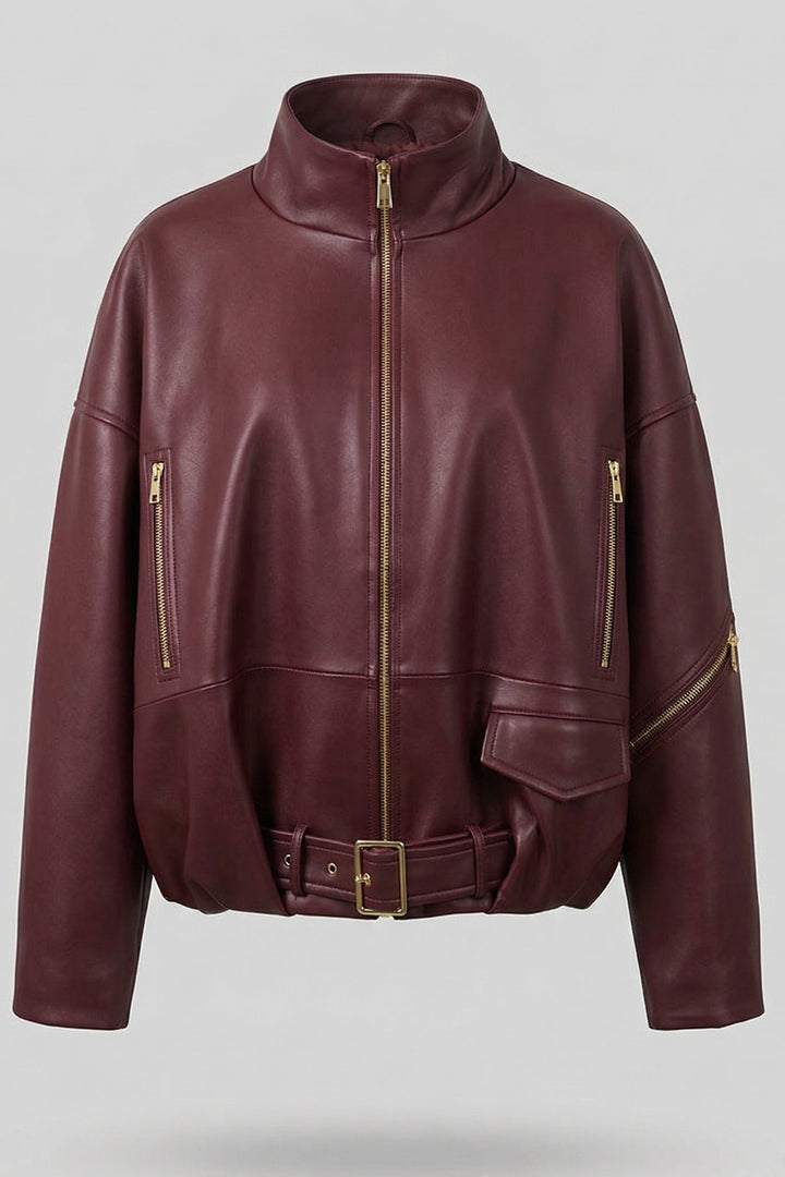 DELILAH - Burgundy leather jacket with gold zippers