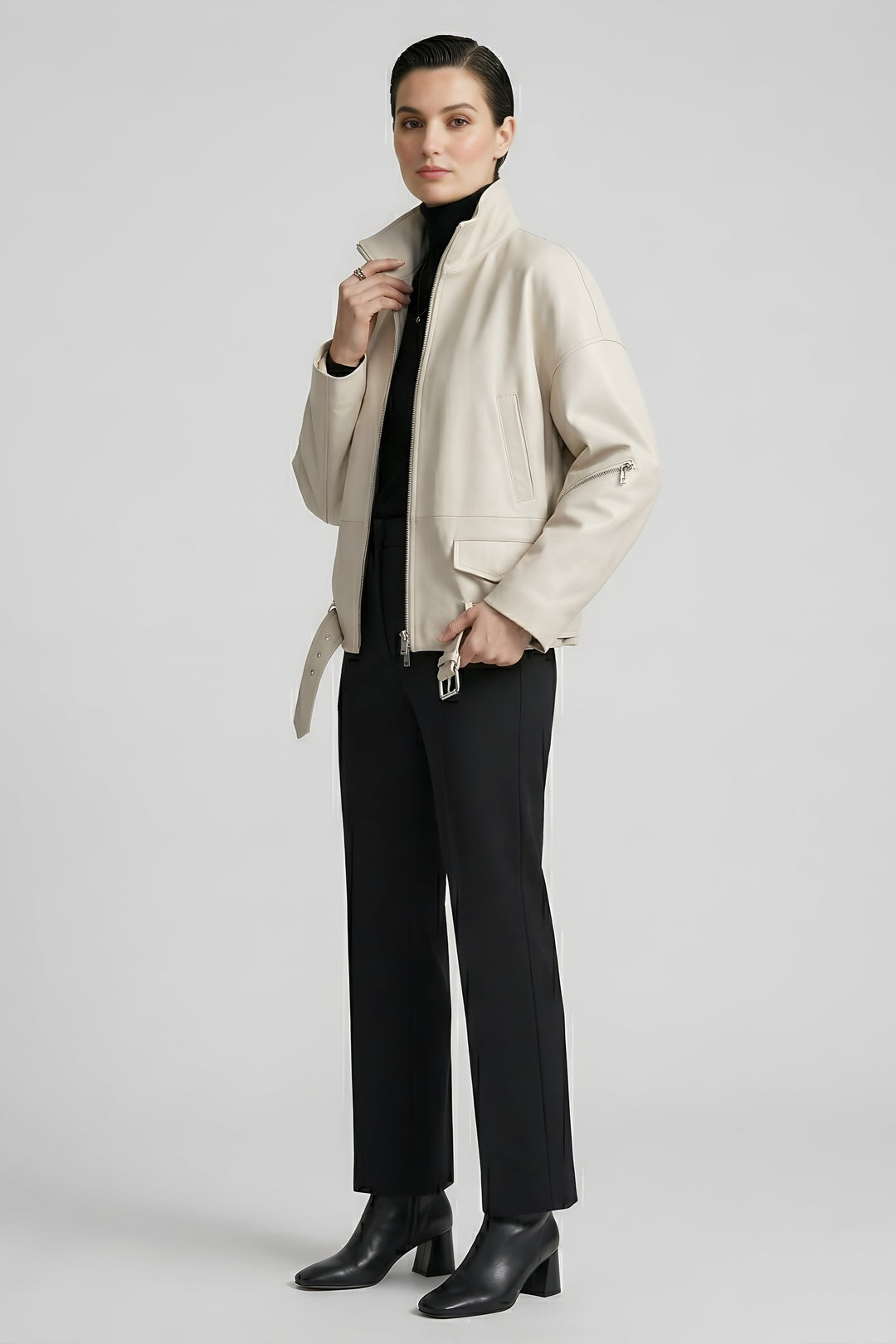 DELILAH - Cream leather jacket, side view, detail on pocket