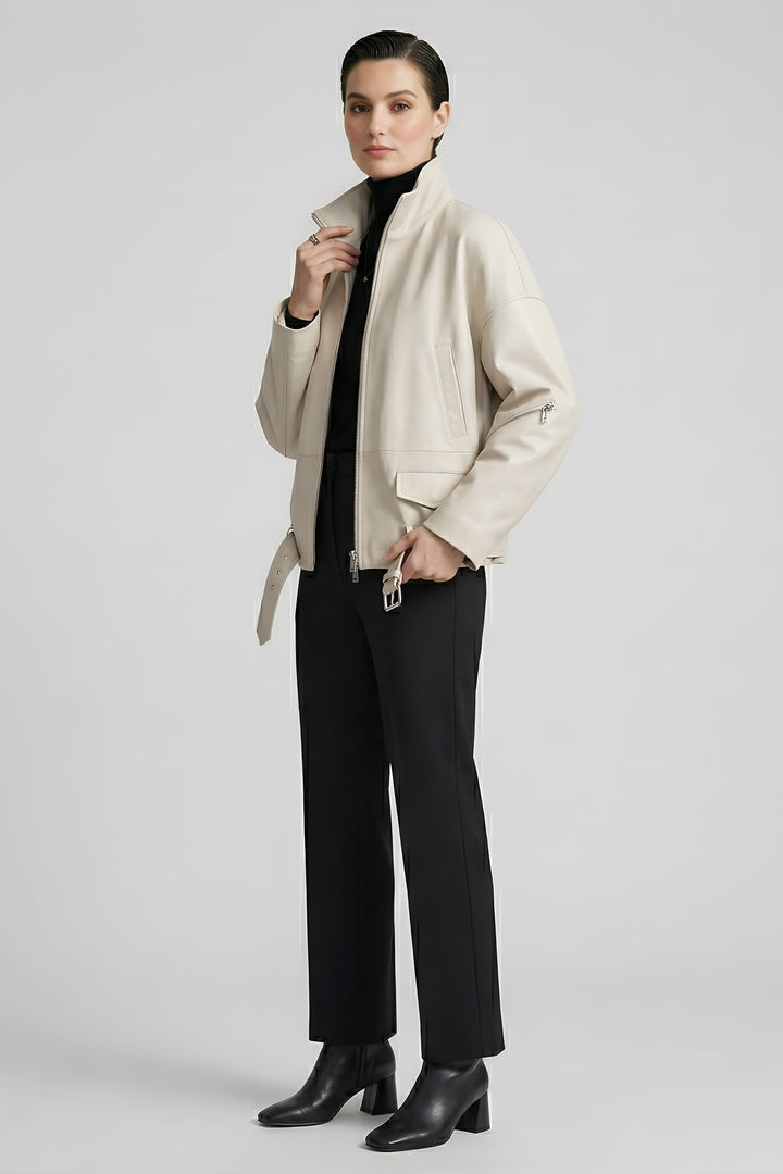 DELILAH - Cream leather jacket, side view, detail on pocket