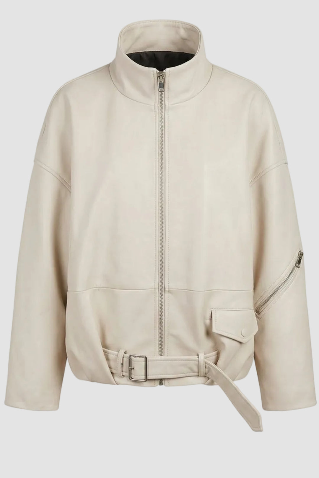 DELILAH - Cream leather jacket, side view, detail on pocket