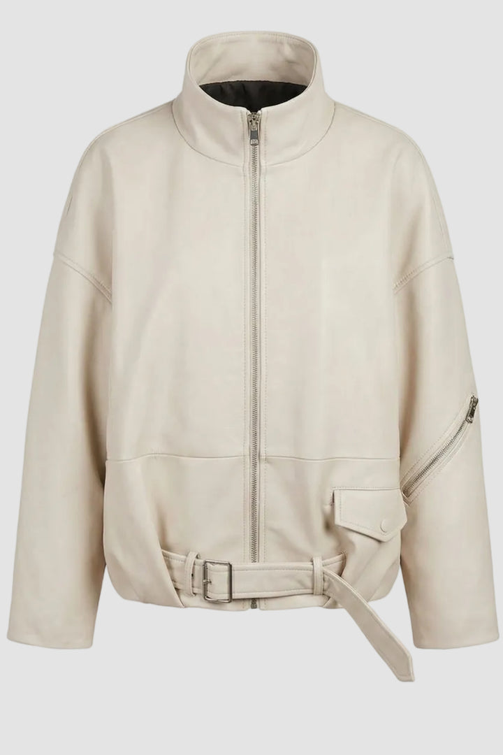 DELILAH - Cream leather jacket, side view, detail on pocket
