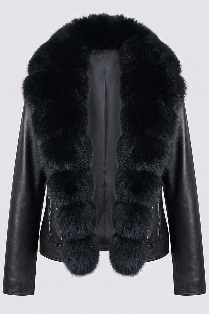 DELTA - Leather Jacket with Black Fur Collar and Cuffs