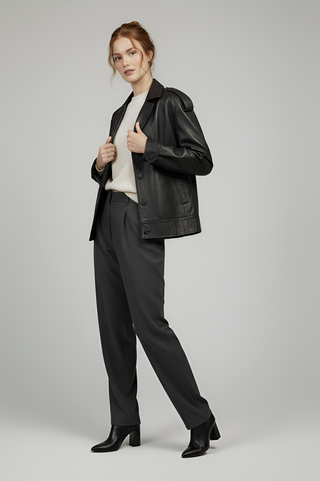 DEVON - Black leather jacket, Angled pose, Adjusting lapels